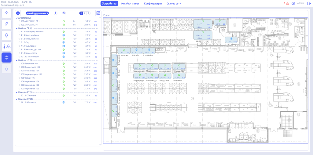 FreeBMS proBox.Ref. Удобный визуальный редактор позволяет размещать элементы оборудования прямо на плане объекта, связывая их с реальными контроллерами. Это существенно облегчает понимание происходящего даже при удалённом доступе.